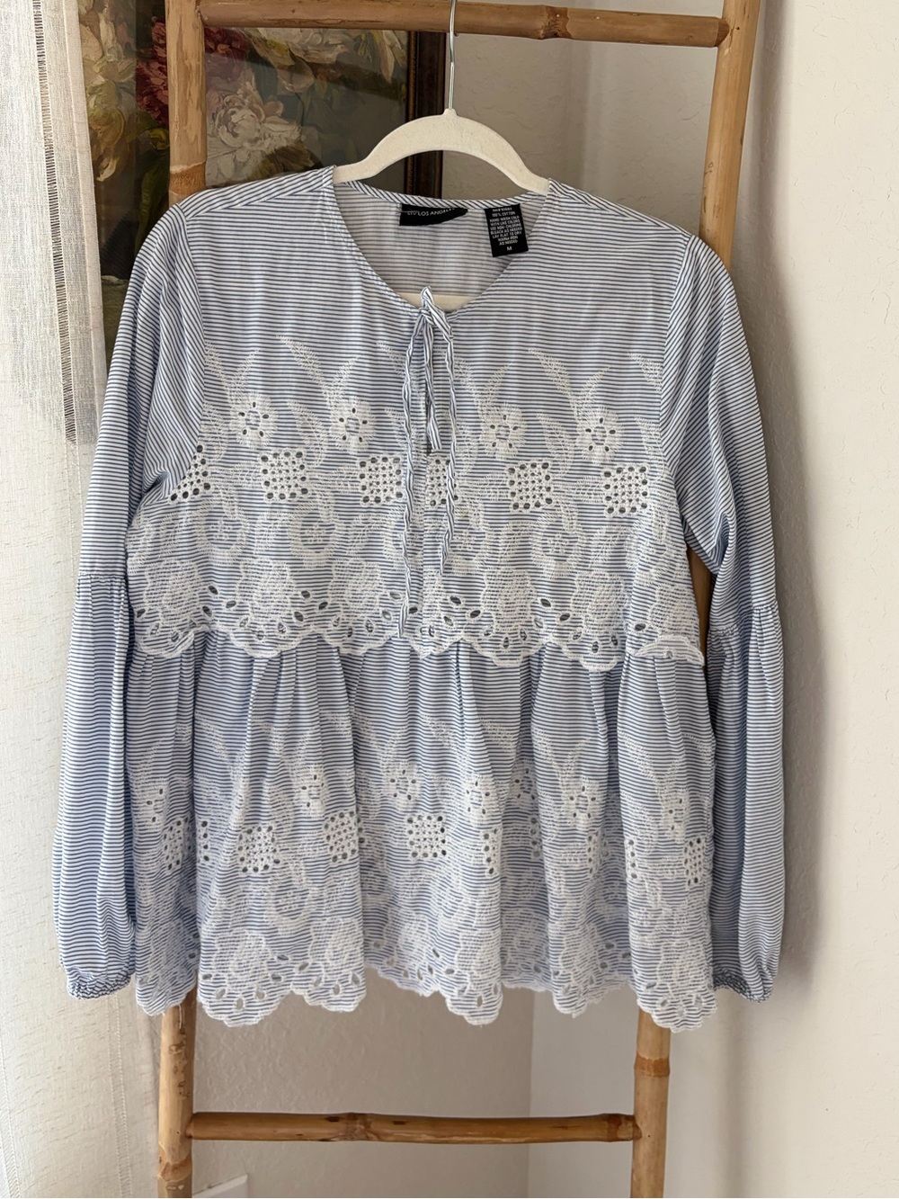 Liv Los Angeles Light Blue Striped Lace-Trim Peasant Blouse